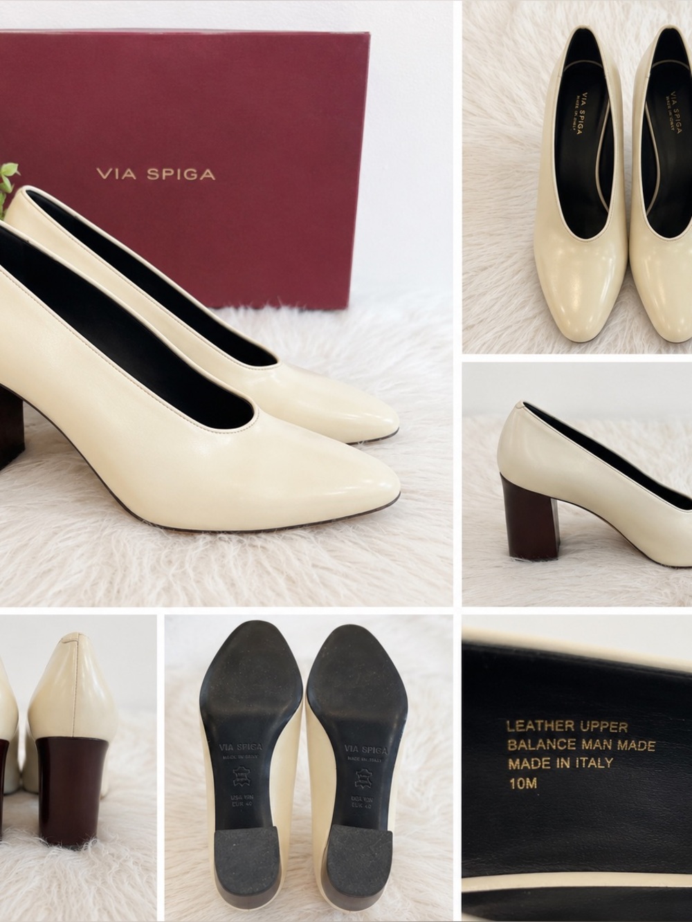 Via Spiga Made in Italy Ivory Leather Block Heel Pumps Size 10 EU 40